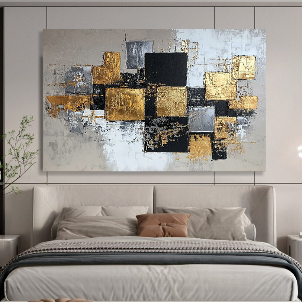An abstract modern painting featuring elegant gold, silver, and gray squares on canvas, creating a sophisticated composition for any space.SC318
