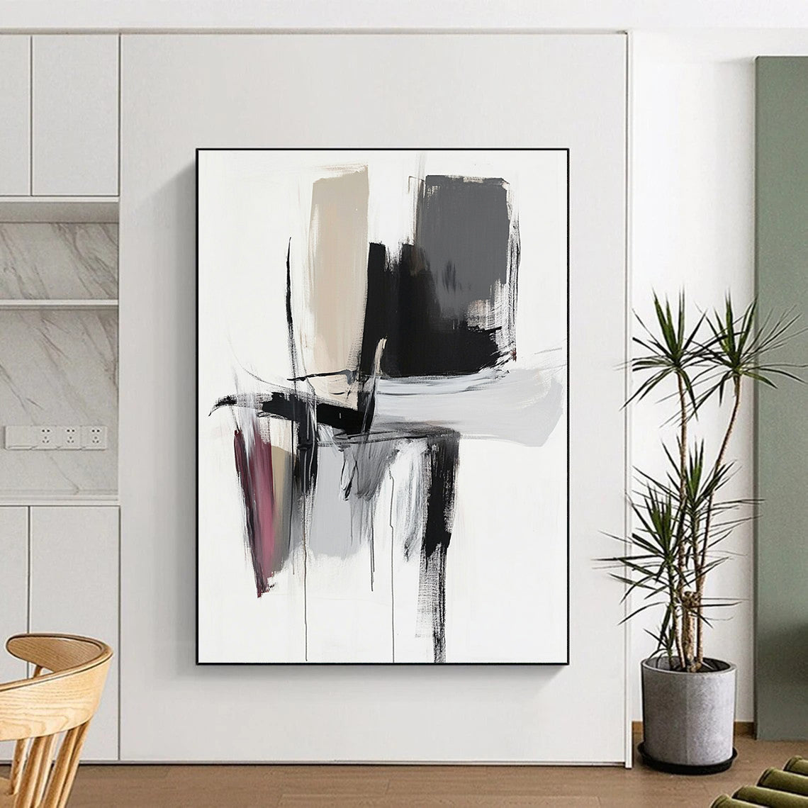 Black Beige and Gray Abstract Painting with Dynamic Shapes GER666