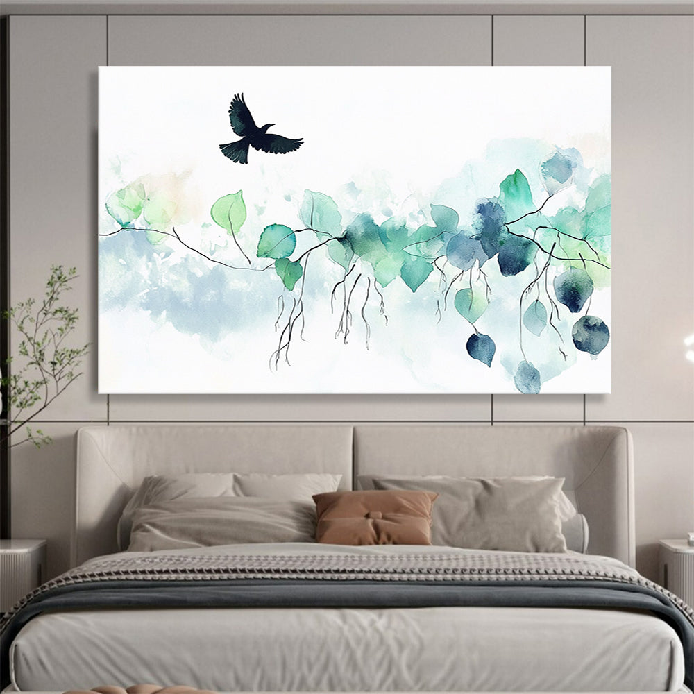 Abstract watercolor painting featuring green leaves and vines with a black bird above on a soft white background for a calming and elegant atmosphere.SC568