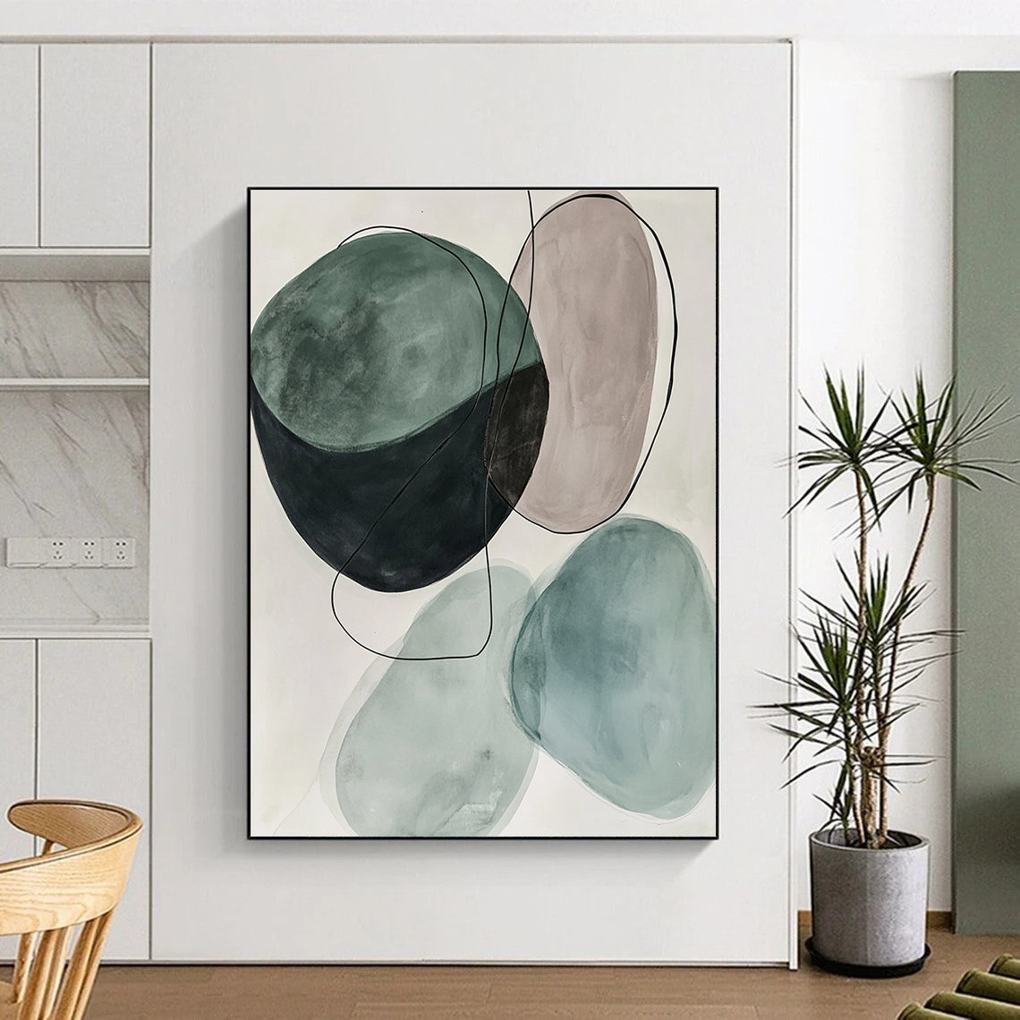 Green Beige Abstract Painting with Minimalist Forms GER734
