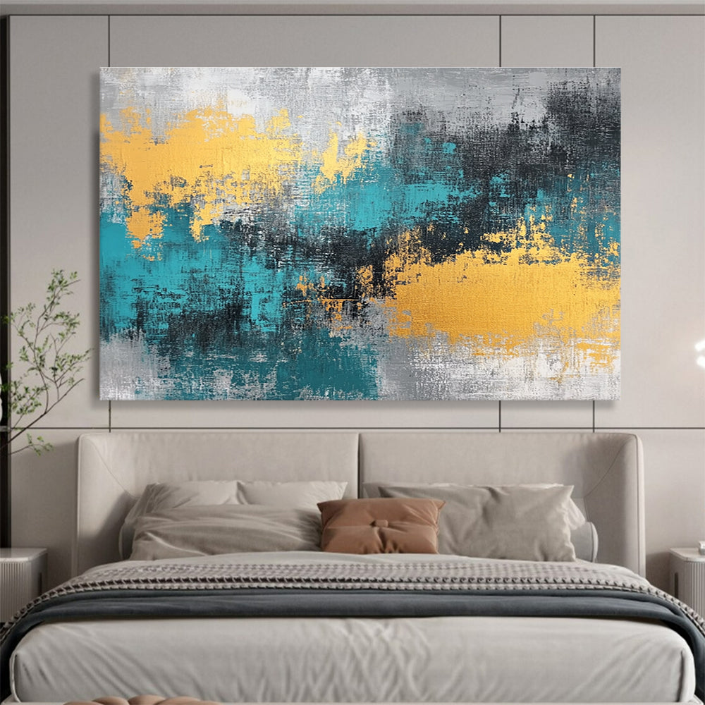 Large abstract painting featuring teal, grey, and gold hues that add a vibrant touch to any space.SC260