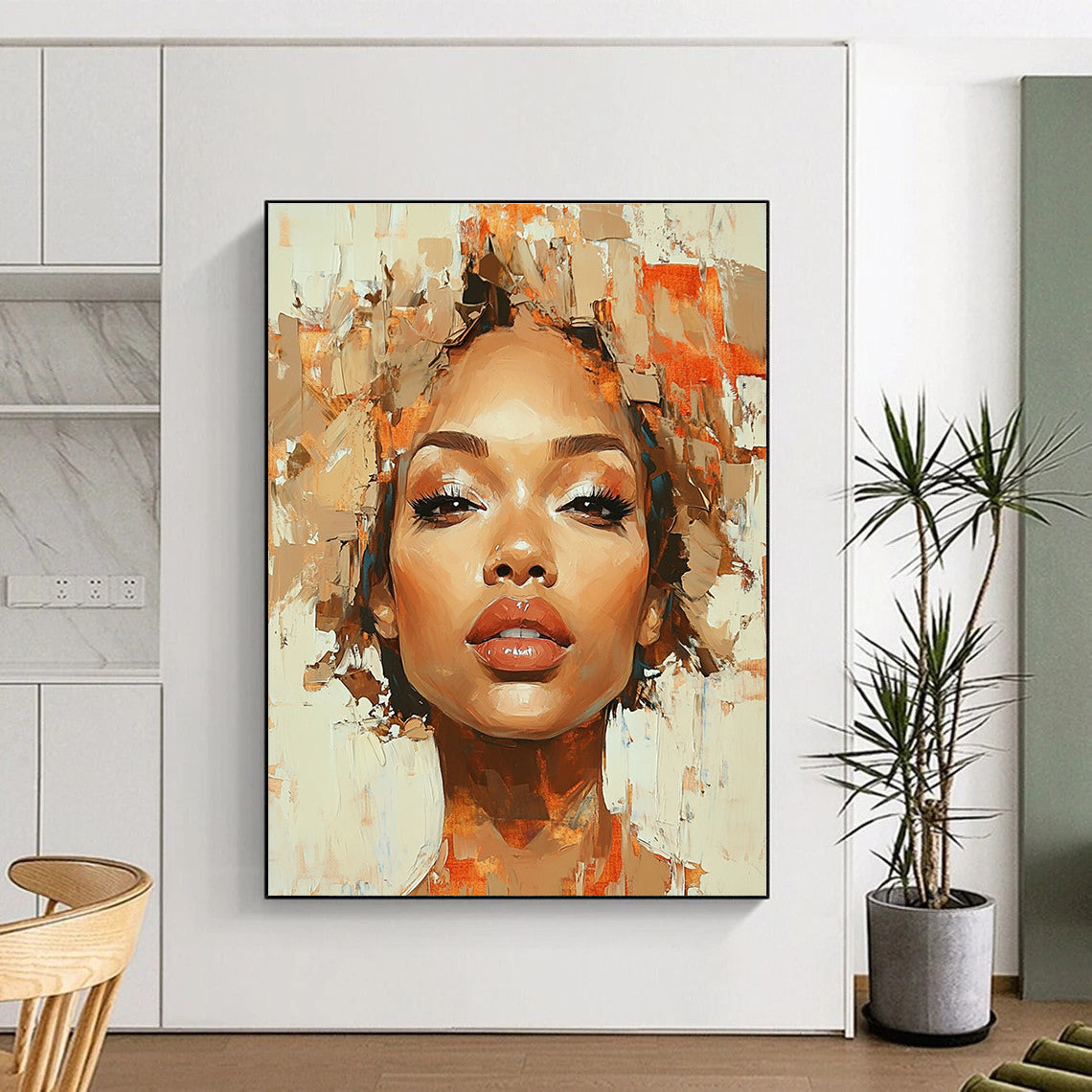 A Large Abstract Painting Featuring An African American Woman With Curly Hair In Ethereal Shades Of Brown Beige Gold And Red-Orange.STSC862
