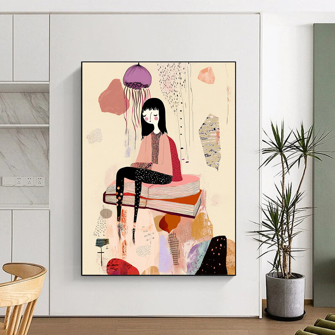 A large abstract artwork featuring a woman on a book amidst whimsical forms with pastel pink and purple hues set against a beige background.STSC1233