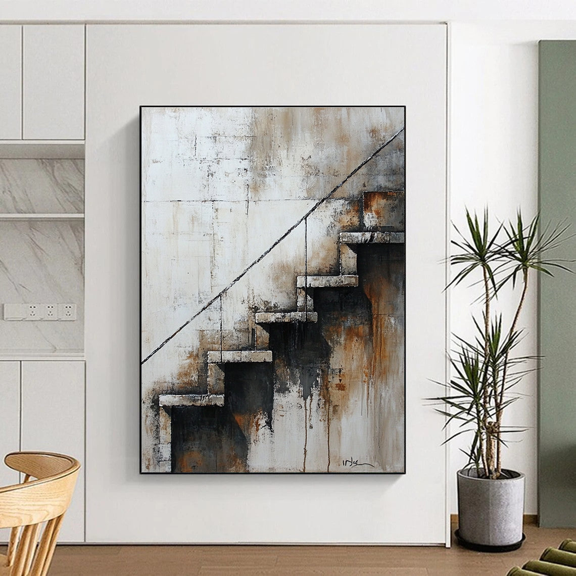 Large abstract painting of stairs in neutral tones featuring aged textures muted palette and nostalgic urban atmosphere.STSC194