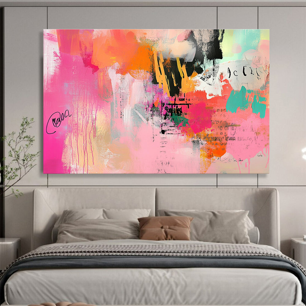An abstract expressionist painting featuring chaotic brush strokes and soft gradients in pinks and oranges, creating vibrant energy and depth.SC309