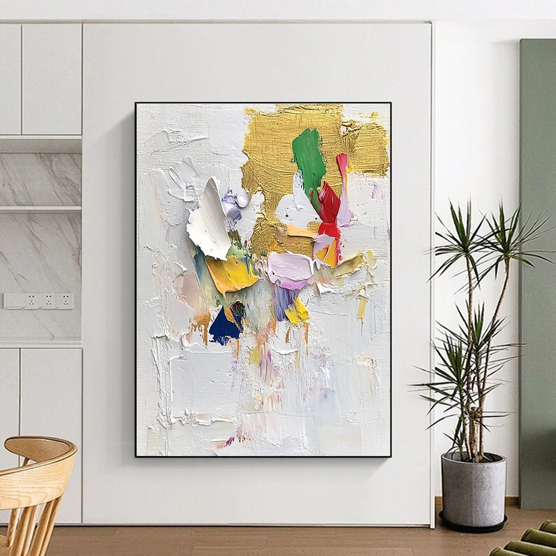 Vibrant Textured Abstract Painting with Gold and Colorful Shapes GER621