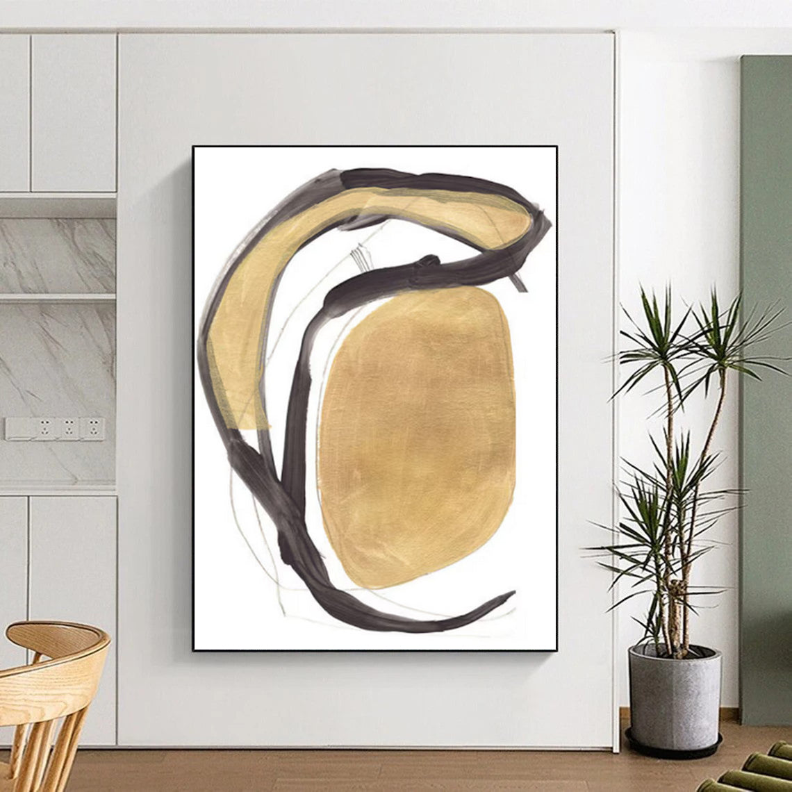 Gold and Black Curved Forms Abstract Painting ADGE223