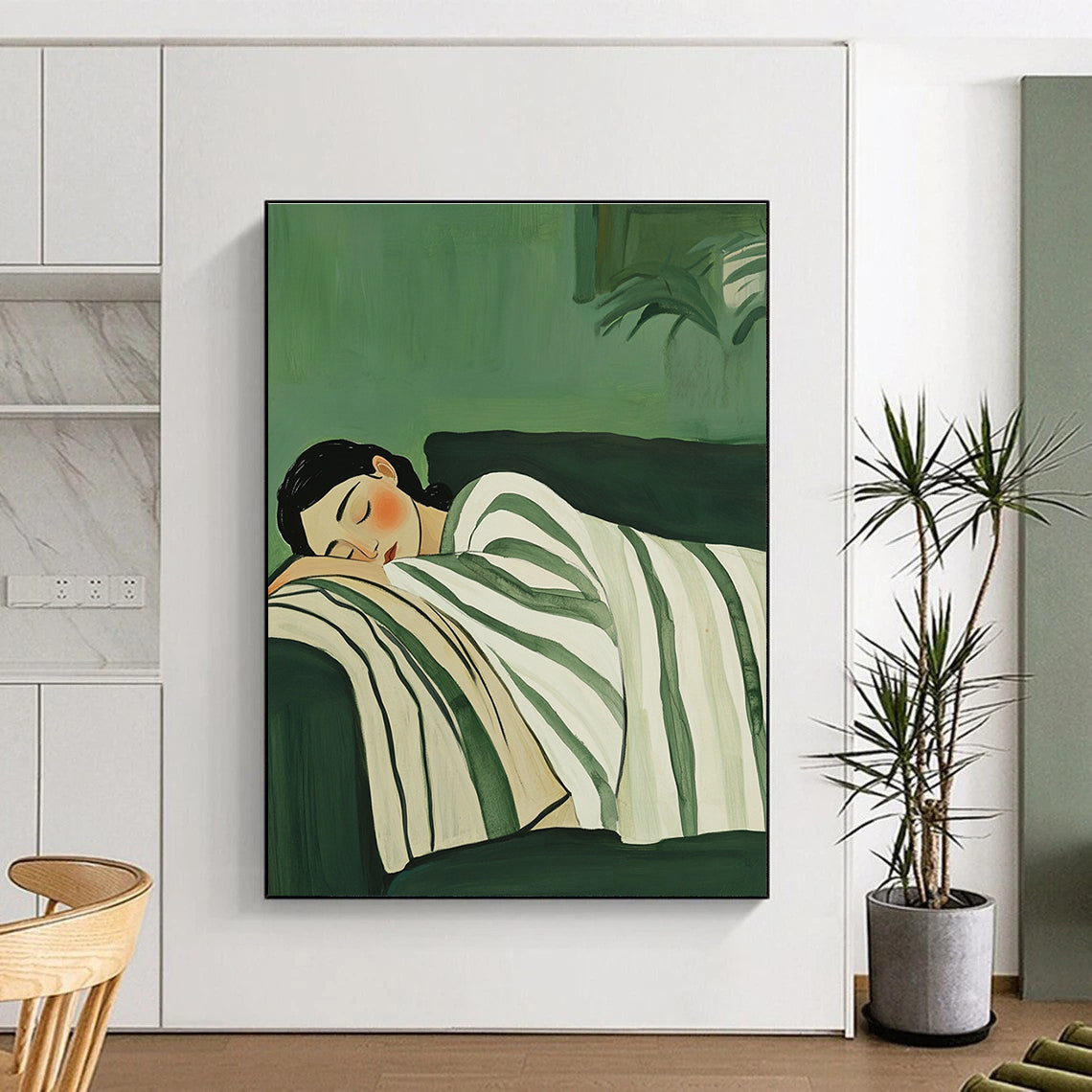 Abstract painting of a woman sleeping on a couch wrapped in a white and green striped blanket on a muted green background.STSC1264