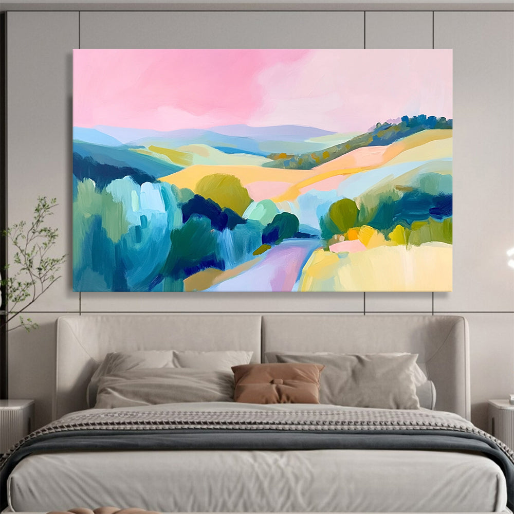 Large abstract painting of the French countryside featuring rolling hills a pink sky and vibrant blue green and yellow brush strokes.SC129
