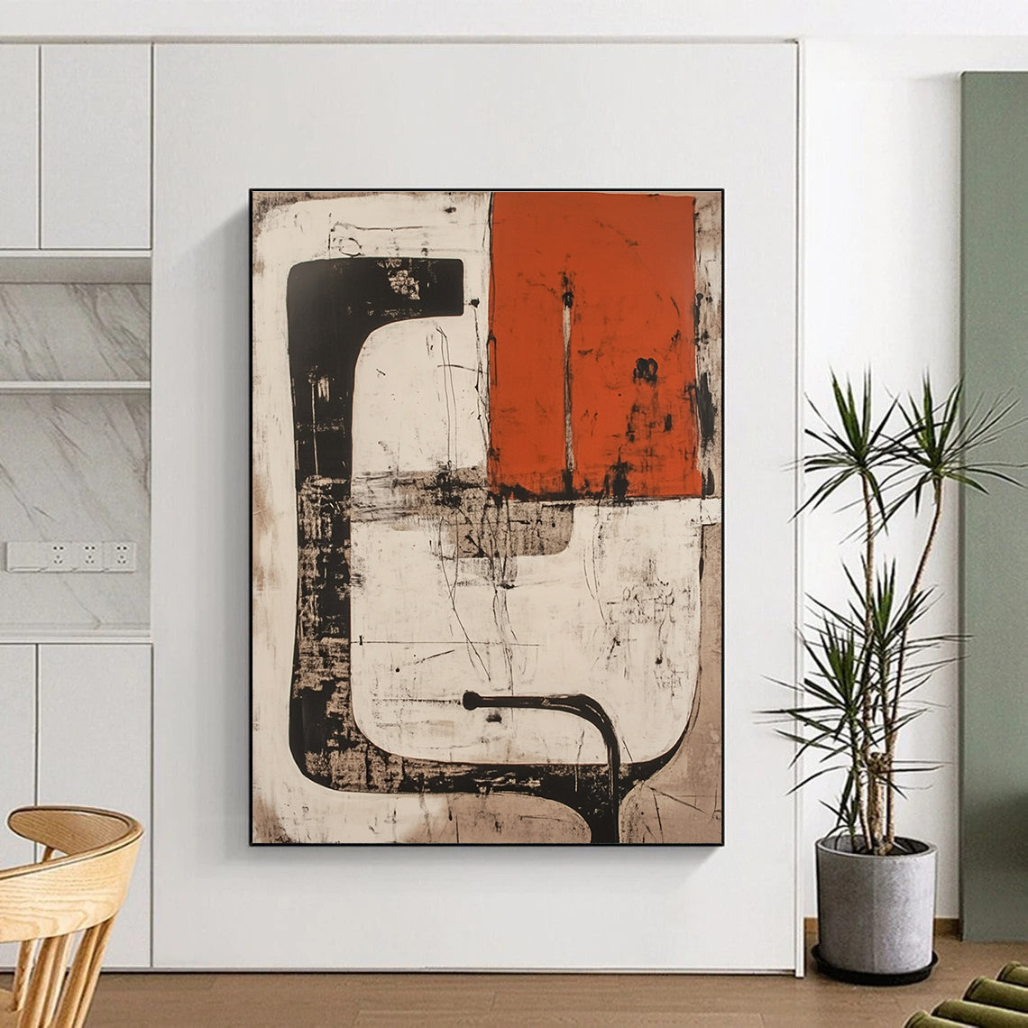 Abstract artwork in white and red featuring collage shapes lines black pipes and an orange rectangle with a silhouette on a light brown ink wash background.STSC845