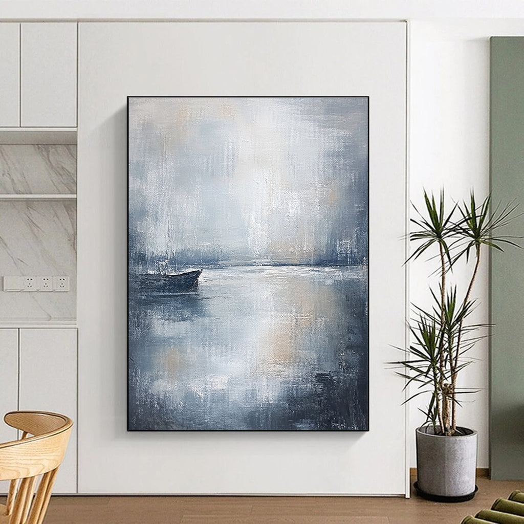 Large abstract painting in muted gray and white tones with soft brushstrokes evoking calmness and serenity perfect for any space.STSC044