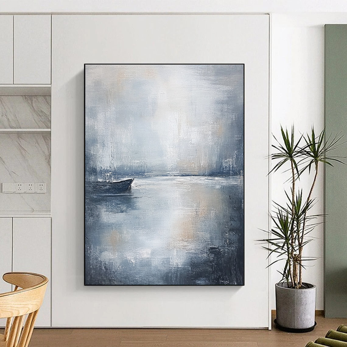Large abstract painting in muted gray and white tones with soft brushstrokes evoking calmness and serenity perfect for any space.STSC044