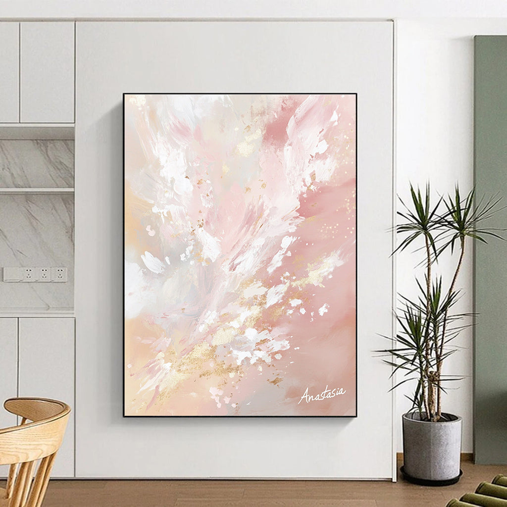 Large abstract painting in pastel pinks and whites with golden accents capturing nature's beauty and light in a serene atmosphere signed by Anastasia.STSC1201