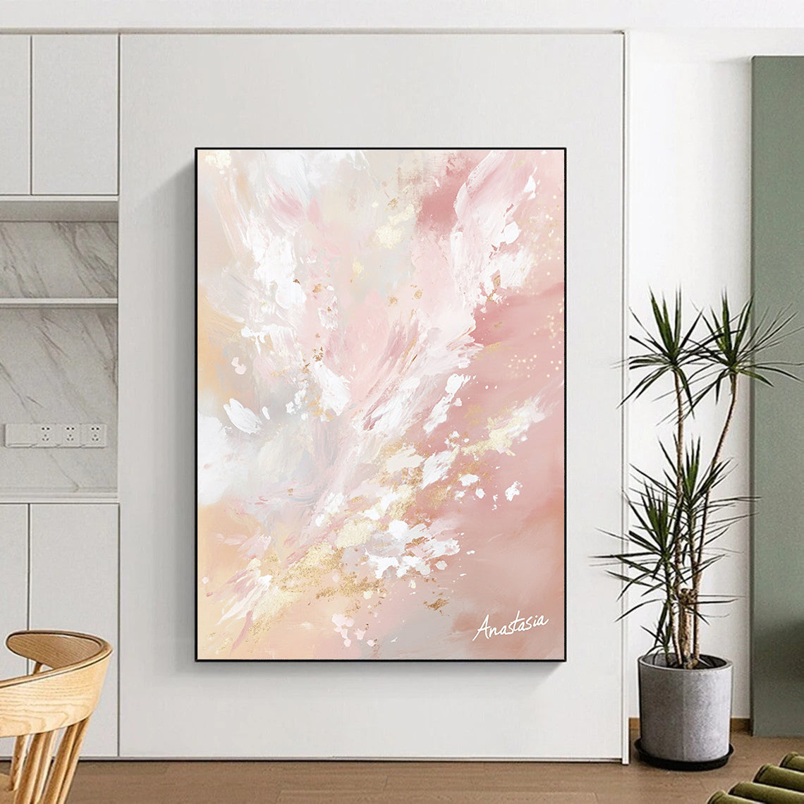 Large abstract painting in pastel pinks and whites with golden accents capturing nature's beauty and light in a serene atmosphere signed by Anastasia.STSC1201