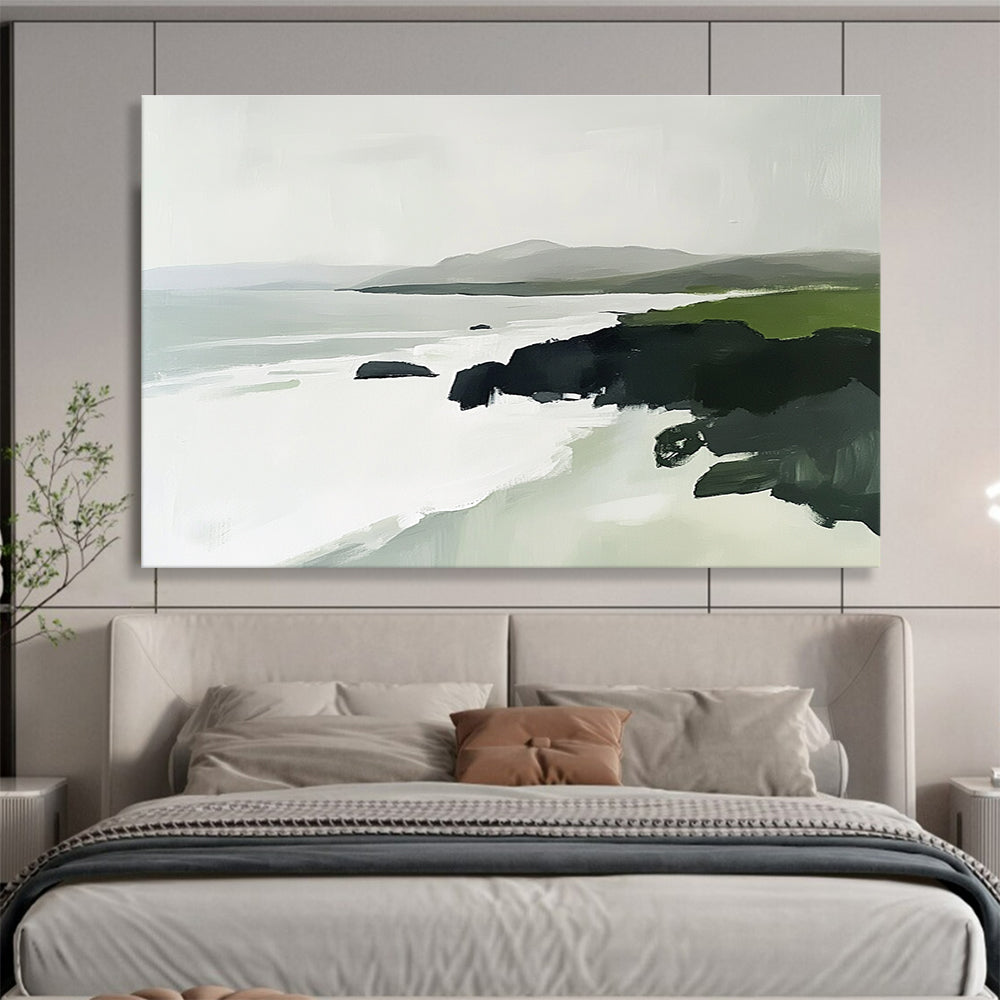 Abstract painting of the Irish coast featuring green rocks white waves and distant mountains in a minimalist style with soft edges and natural lighting.SC160