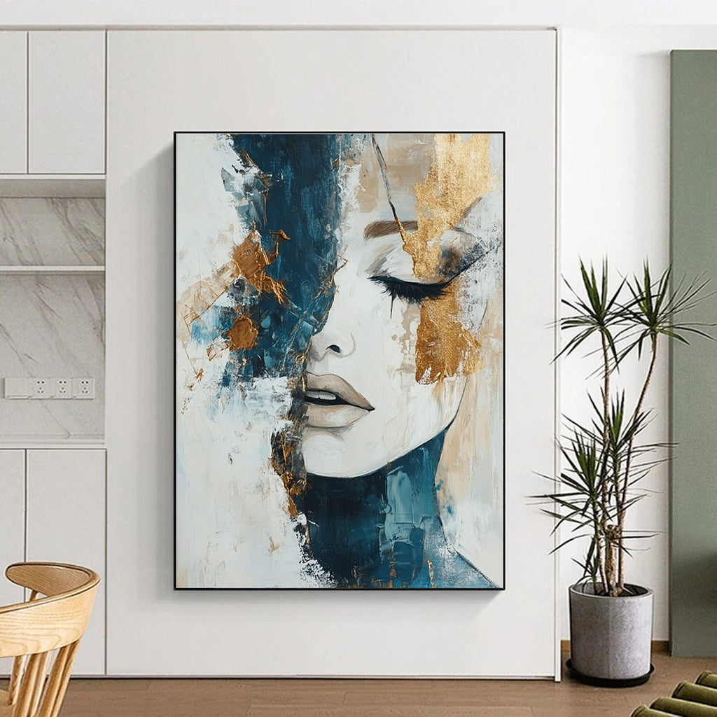 Large abstract painting in white beige and blue tones with gold accents representing the harmony of nature's elements on canvas.STSC361