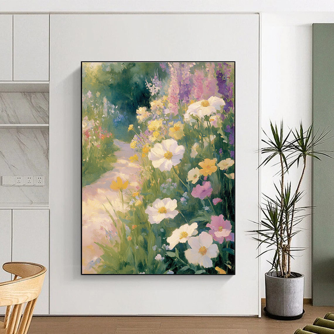 Large Abstract Painting of an Old English Garden with Wildflowers and a Winding Path Evoking Calmness and Tranquility in Soft Pastel Colors.STSC1227