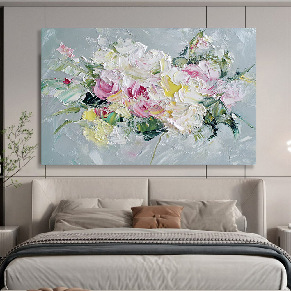 Textured Flower Bouquet Abstract Painting with Pink White and Green DYP284