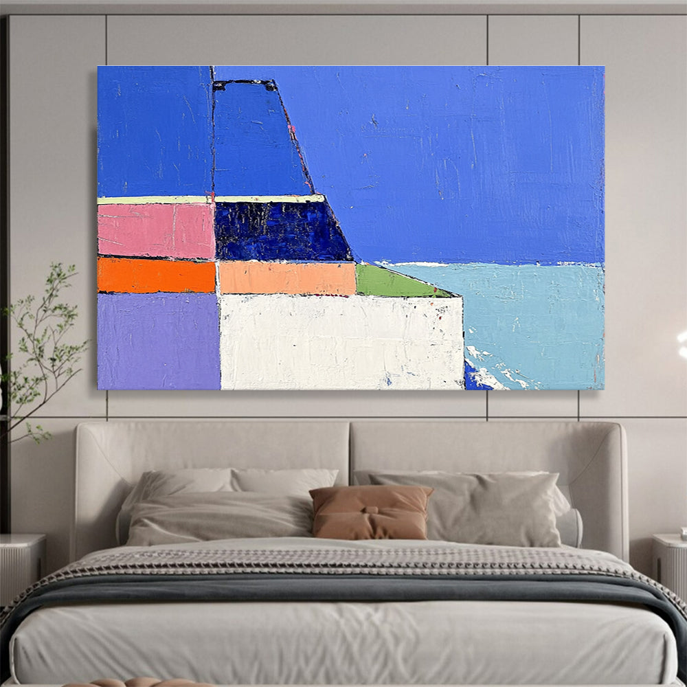Colorful Geometric Seaside Abstract Painting with Blue and Pastel Tones DYP310