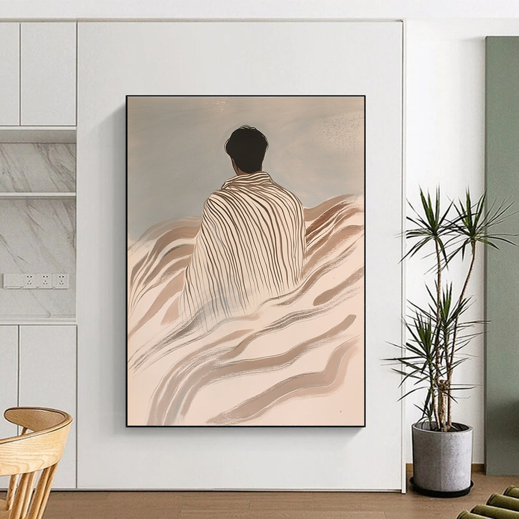 Abstract painting featuring an Asian man wrapped in striped blankets on waves with a light gray background in ink wash style.STSC1116