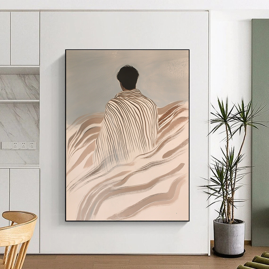 Abstract painting featuring an Asian man wrapped in striped blankets on waves with a light gray background in ink wash style.STSC1116