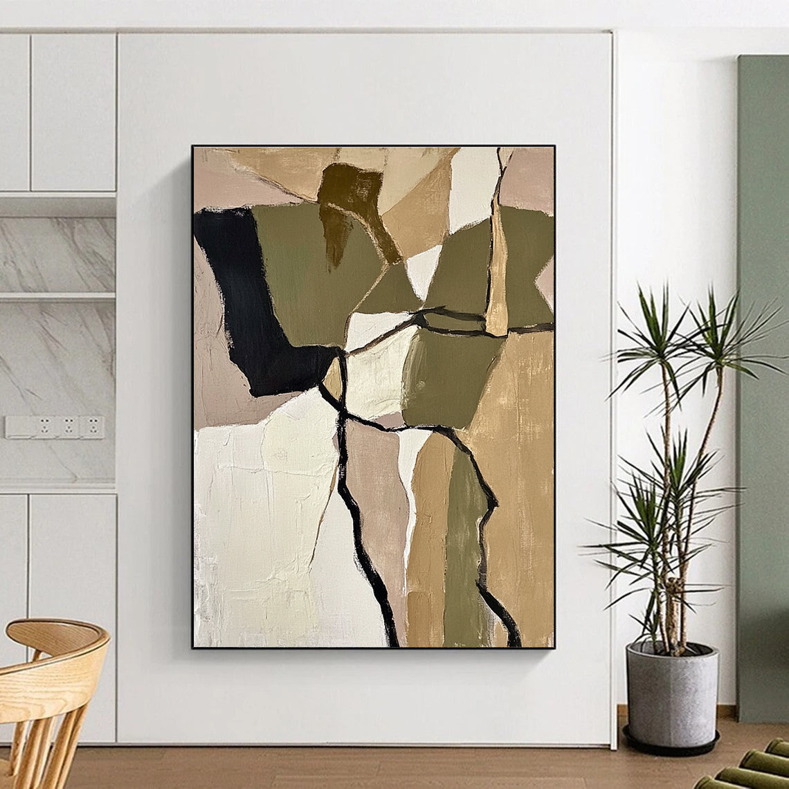 Large abstract painting featuring textured beige and olive green shapes inspired by Robert Motherwell evoking calmness through earthy tones and organic forms.STSC844