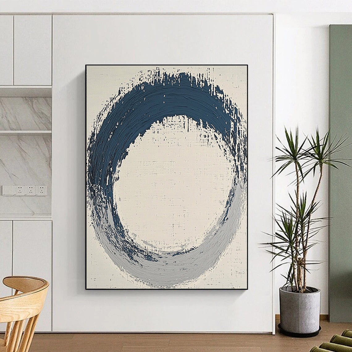 Blue and Gray Circular Abstract Painting with Textured Ring GER125