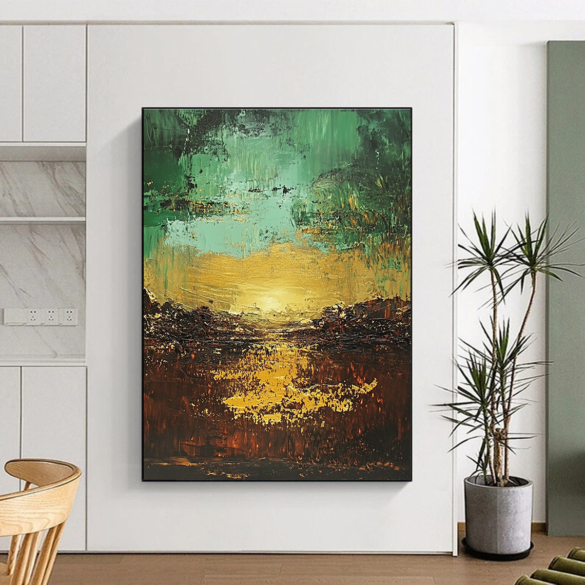 Green and Gold Abstract Painting with Textured Layers GER430