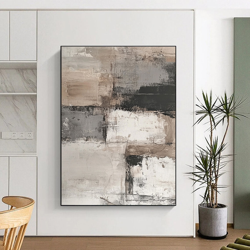 Abstract painting featuring an aged white brick wall with peeling paint, set against a muted background of grey, beige, and brown tones.STSC269