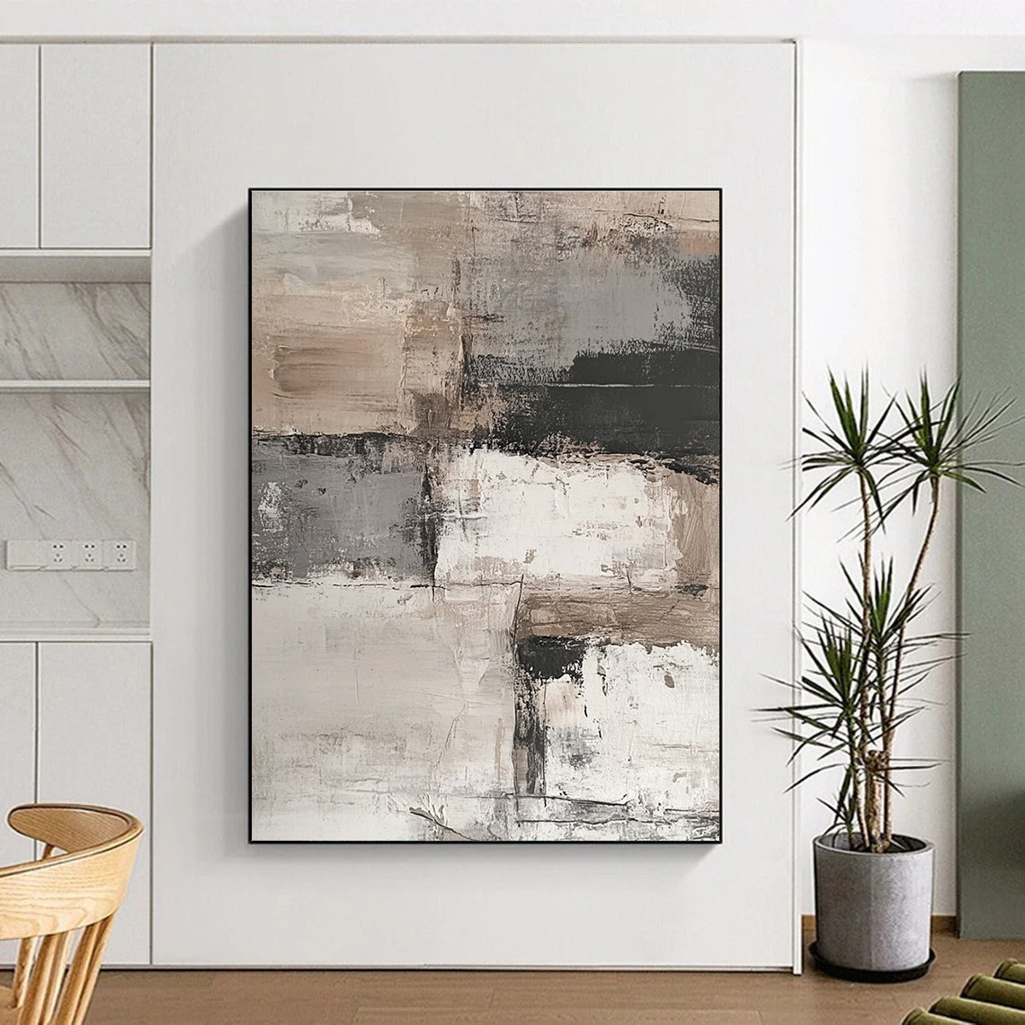 Abstract painting featuring an aged white brick wall with peeling paint, set against a muted background of grey, beige, and brown tones.STSC269