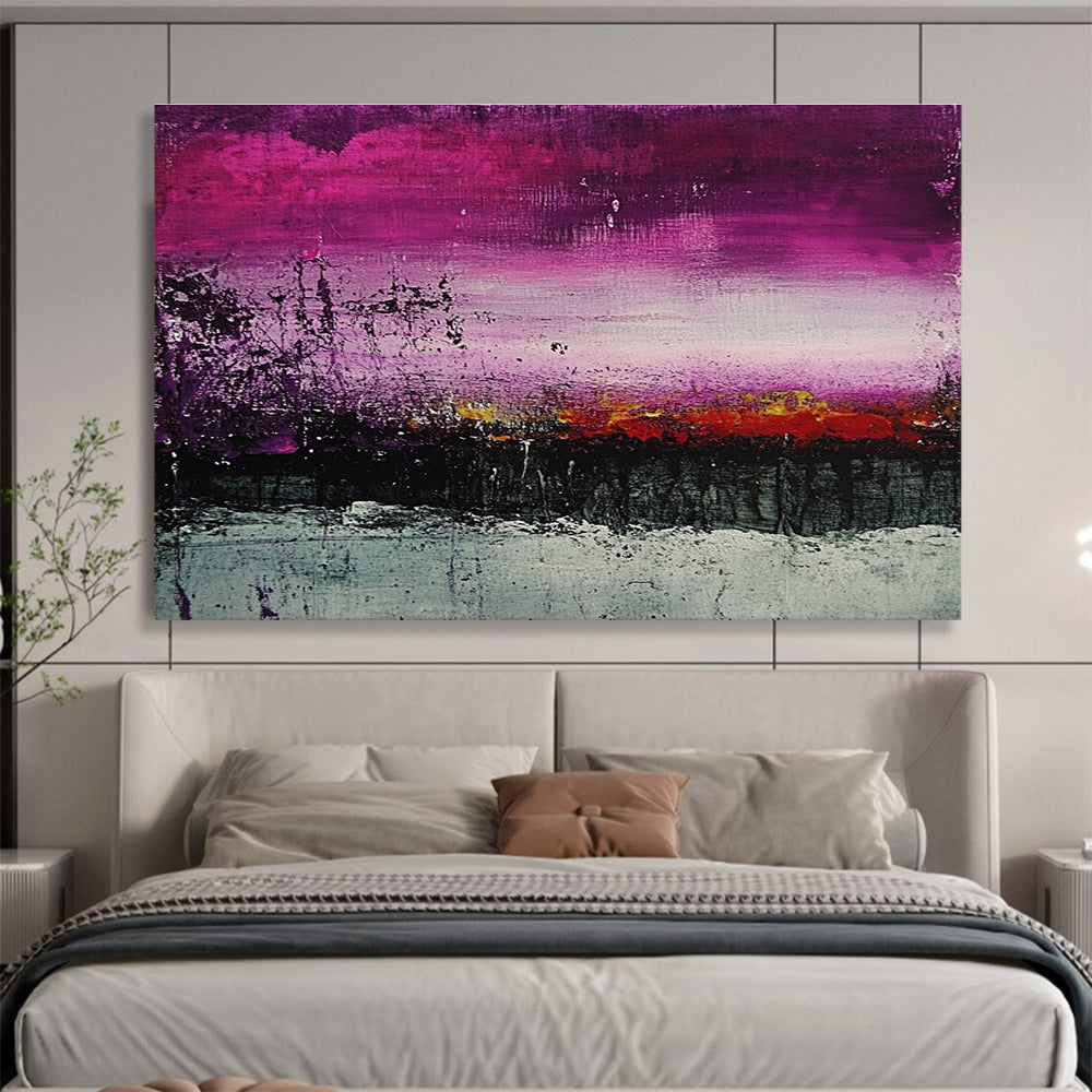A large abstract painting of a landscape featuring purple and grey shades with textured dark green and red tones for a striking visual impact.SC341