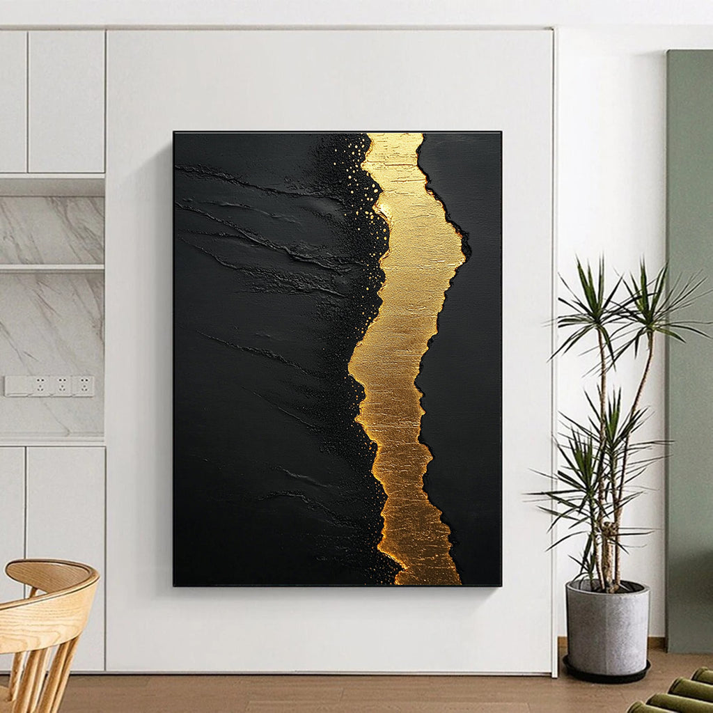 Large abstract painting featuring textured black sand golden water and white clouds with flowing golden light in a minimalist style against a dark background.STSC304