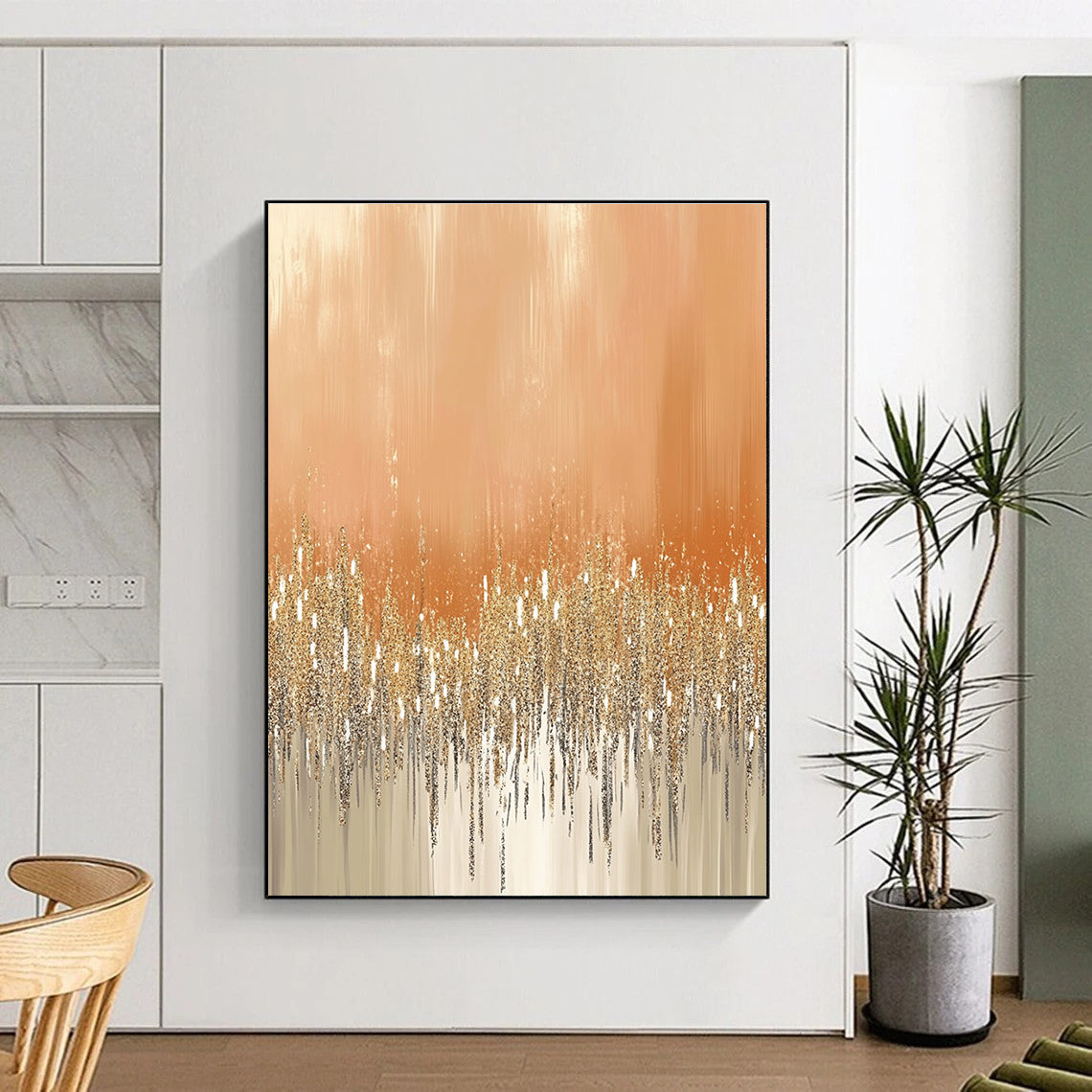 Large abstract painting featuring glittery gold and silver dust on a peach-fuzz beige background ideal for festive or glamorous settings.STSC980