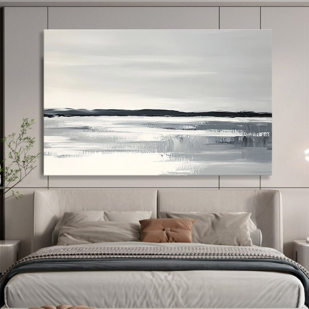 Abstract painting of an Arctic landscape with a white sky gray water and black land featuring thick brush strokes and a monochromatic color scheme.SC154