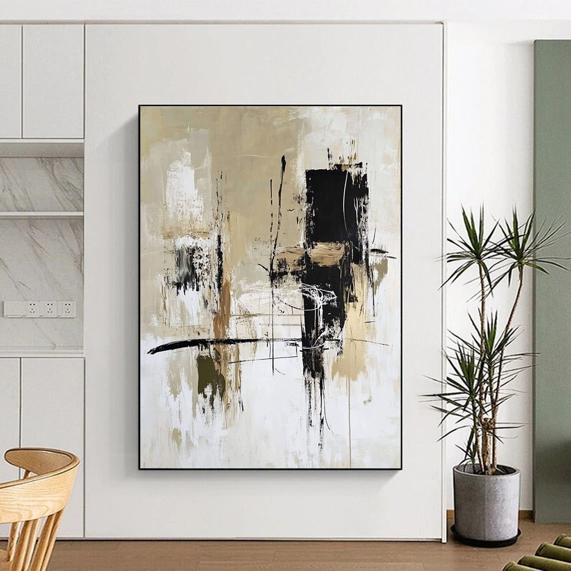 Large abstract painting with bold brushstrokes in high-contrast black white and beige featuring layers of color and dynamic shapes for modern decor.STSC413