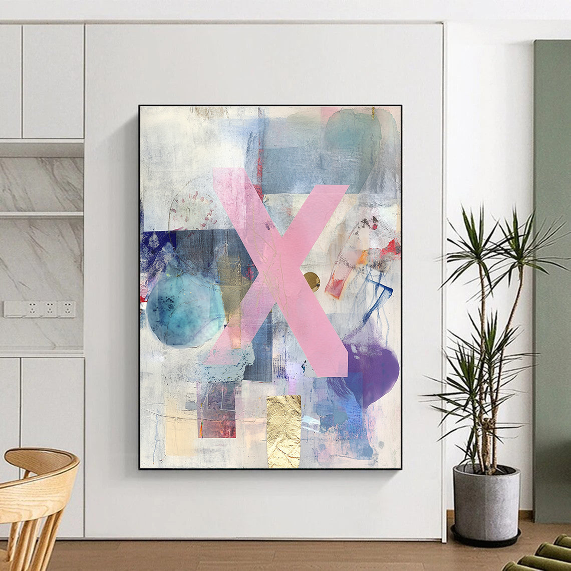 Pink X Collage Abstract Painting with Mixed Media and Gold Accents GER077