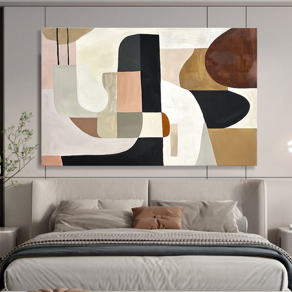 An abstract painting featuring elegant shapes in white, black, and brown, accented with soft beige, pink, grey, and cream tones and brown wood elements.SC352