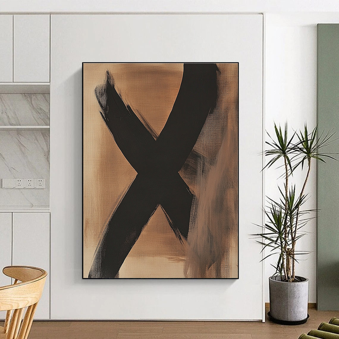 Black X on Beige Abstract Painting with Bold Brushstrokes GER017