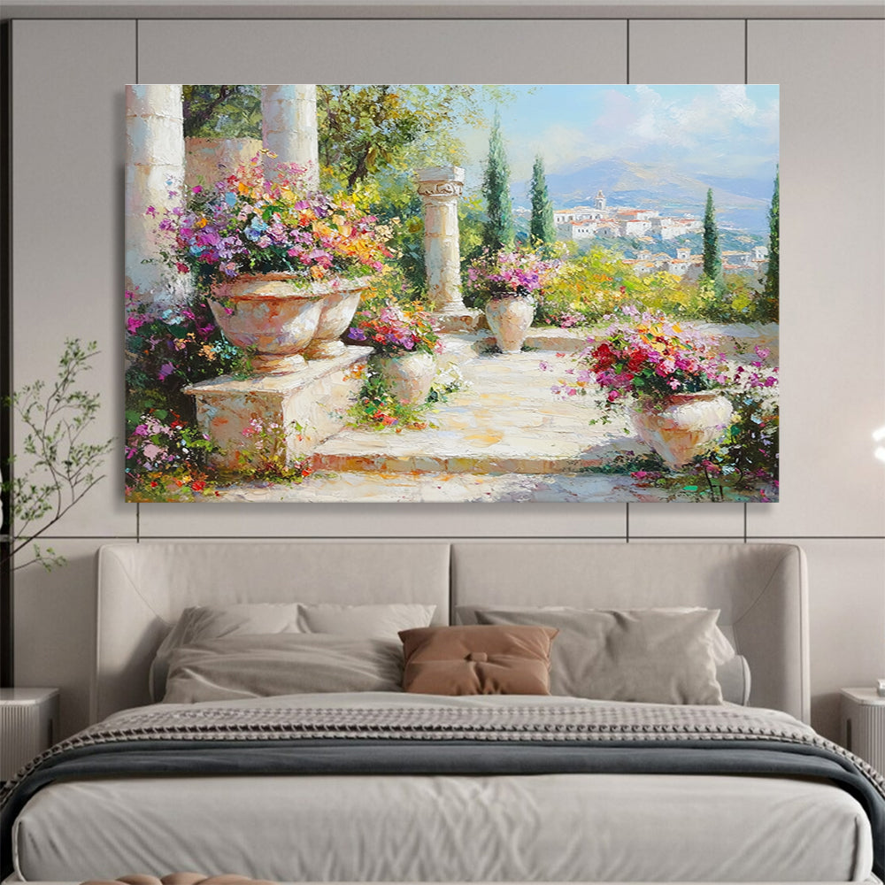 A large abstract painting featuring a vibrant garden with flowers, ancient Greek city background, and soft pastel colors in a hyper-realistic style.SC467