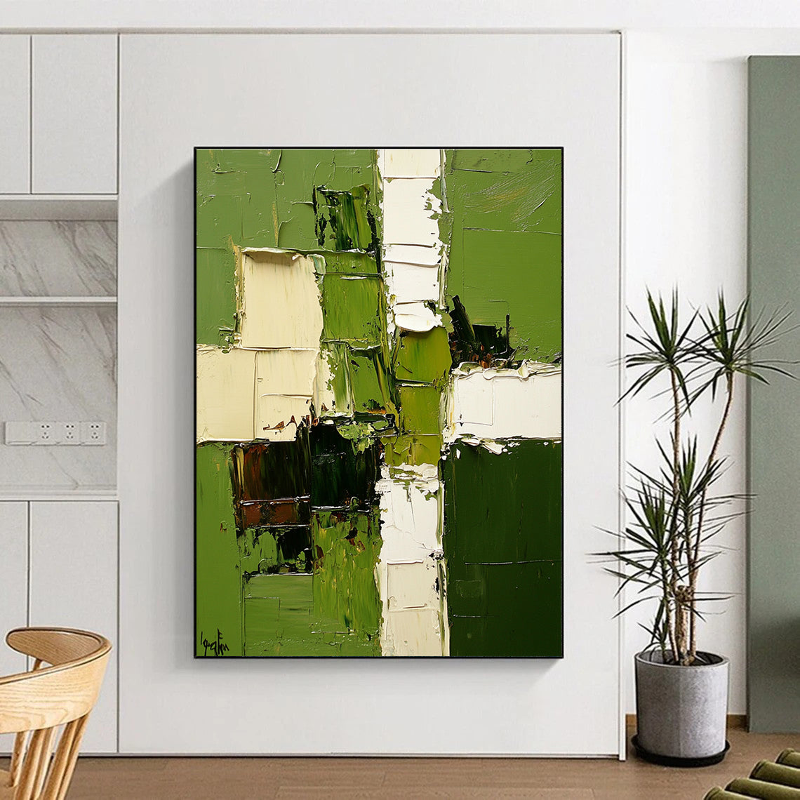 Green and White Abstract Painting with Patchwork Design GER478