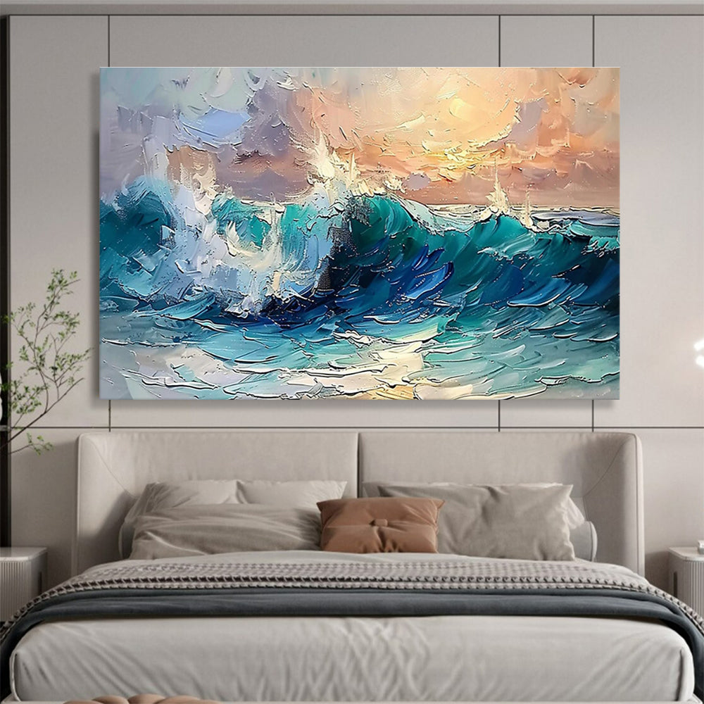Dynamic Sea Wave Abstract Painting with Turquoise and White Crescendos THY296