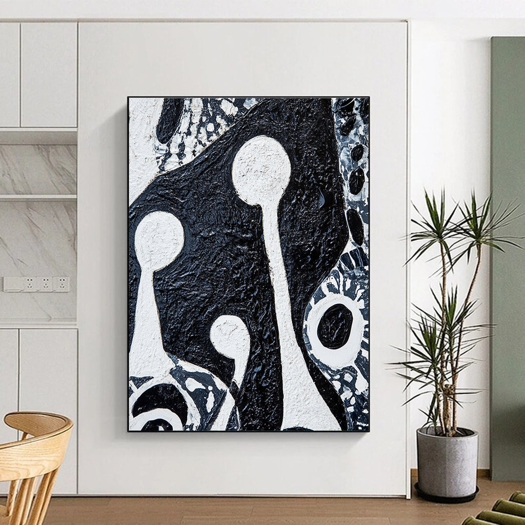Large abstract painting featuring bold black and white patterns with tribal art elements and two figures holding musical instruments on textured canvas.STSC937