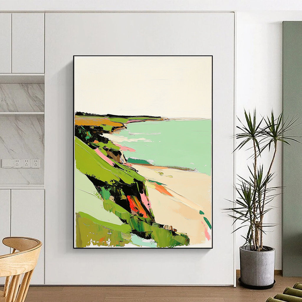 Abstract painting featuring green coastal landscape in muted tones with pink highlights textured with thick brush strokes on a white background.STSC1299