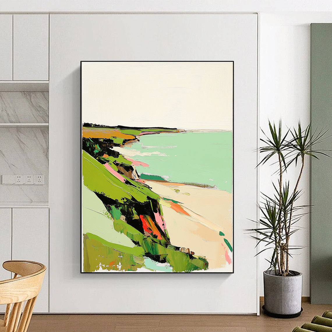 Abstract painting featuring green coastal landscape in muted tones with pink highlights textured with thick brush strokes on a white background.STSC1299