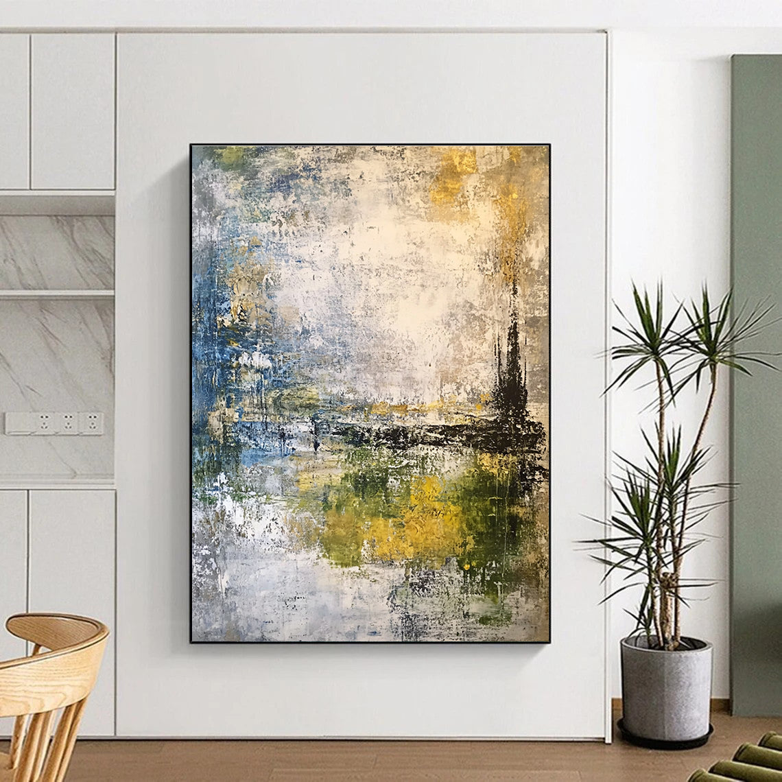 Large abstract painting featuring a misty sky and landscape in muted gray blue green and yellow-brown tones using mixed media techniques.STSC210