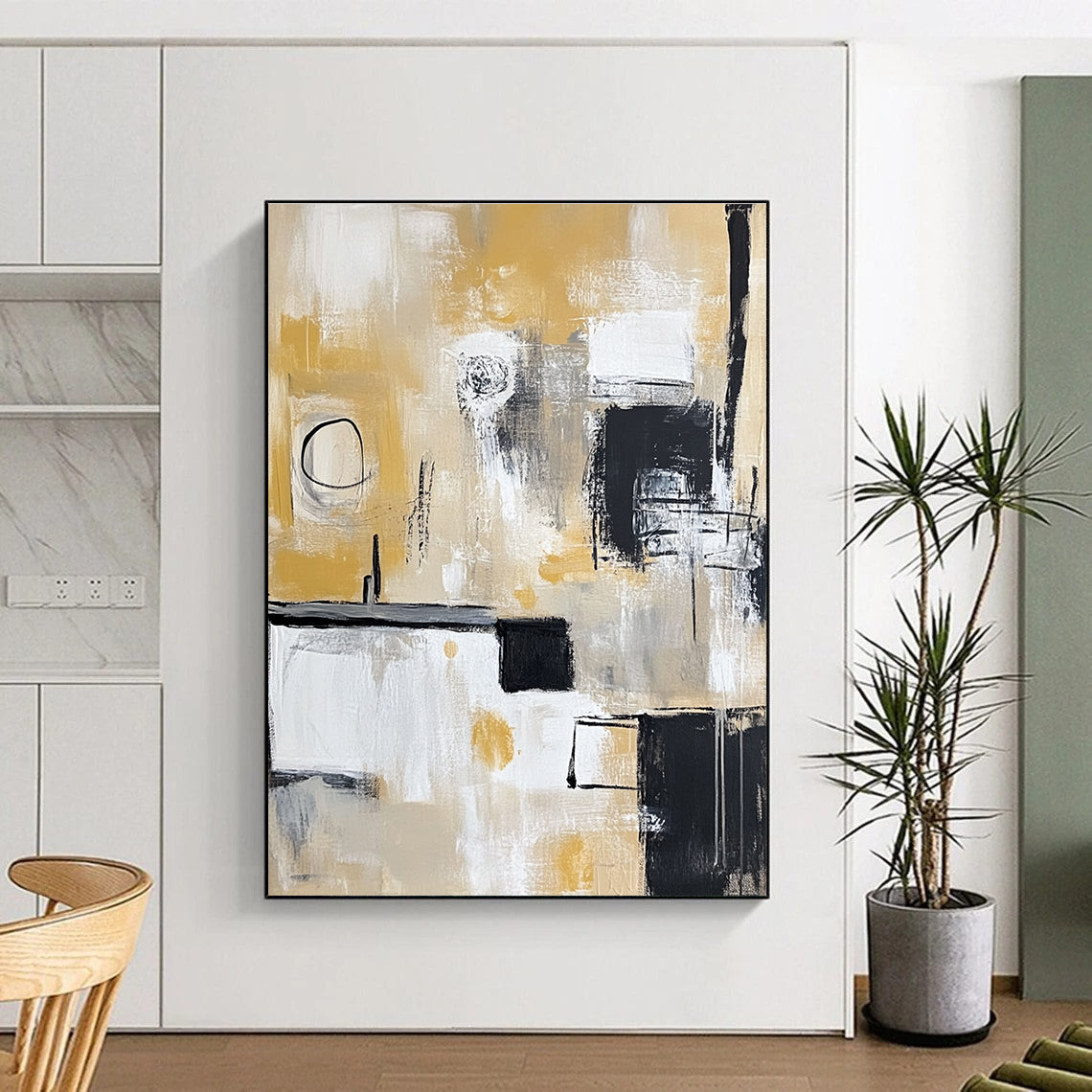 Yellow - Toned Abstract Painting with Black, White, and Beige GER321