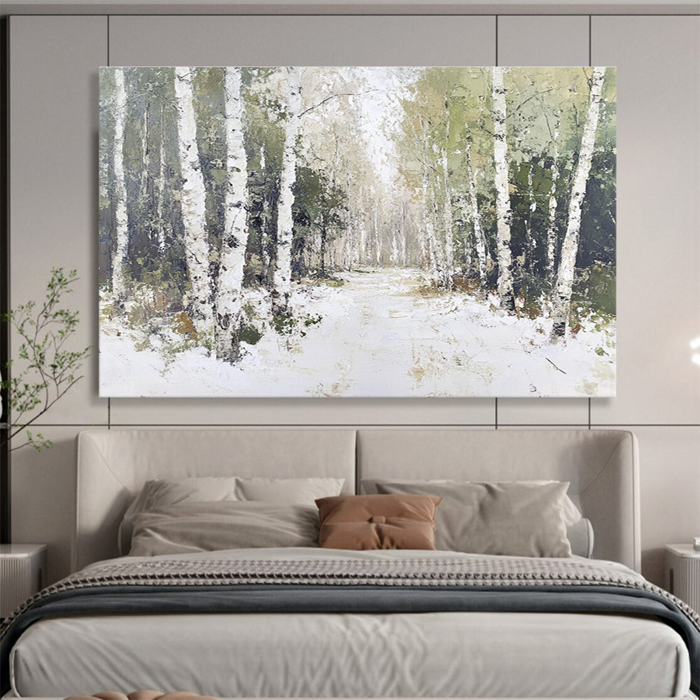 A large abstract painting of birch trees with white bark and green leaves, featuring soft lighting and textured tree trunks against a snowy ground.SC466