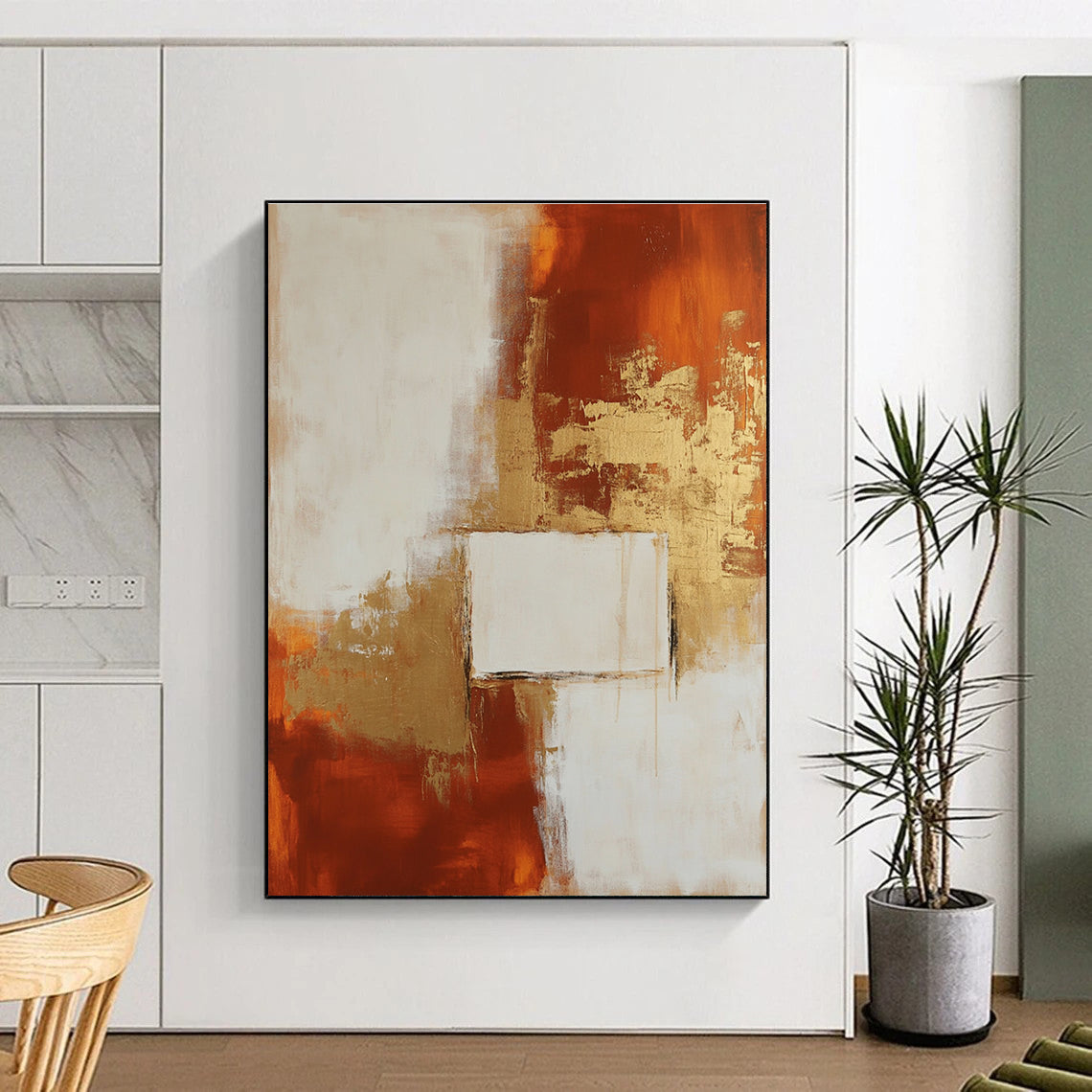 Large abstract painting in minimalist style featuring beige and rust colors with elegant gold accents for a modern aesthetic.STSC244