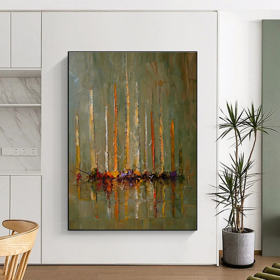 Sailboat Scene Abstract Painting with Earthy and Vibrant Colors ADGE330