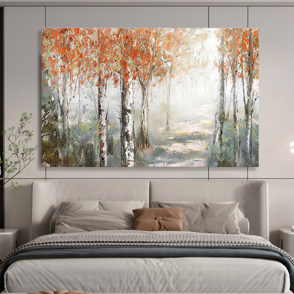 Autumn Birch Forest Path Abstract Painting with Orange, Grey, and Green Tones THY222